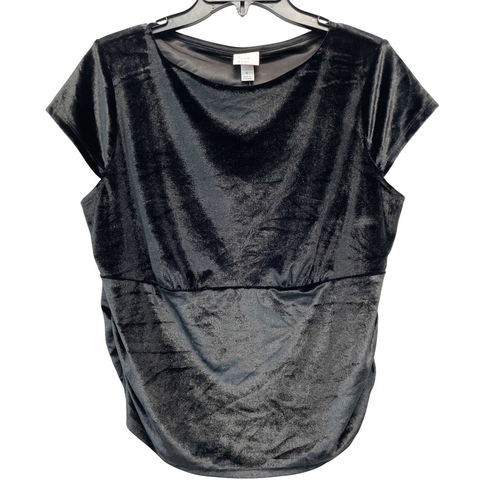 A New Day Women's Black Velvet Ruched Cap Sleeve Blouse Top Size Large